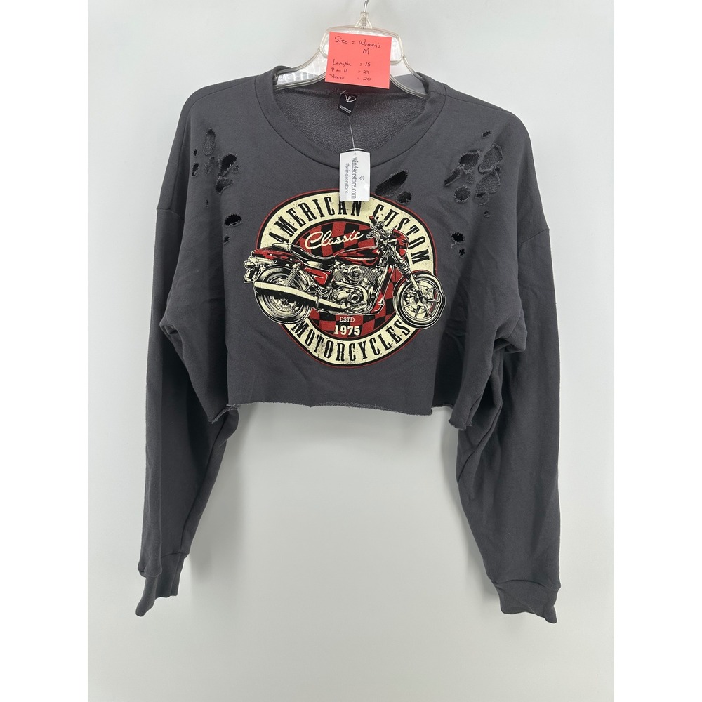 Windsor American Custom Motorcycles Distressed Cropped Sweatshirt Gray Medium
